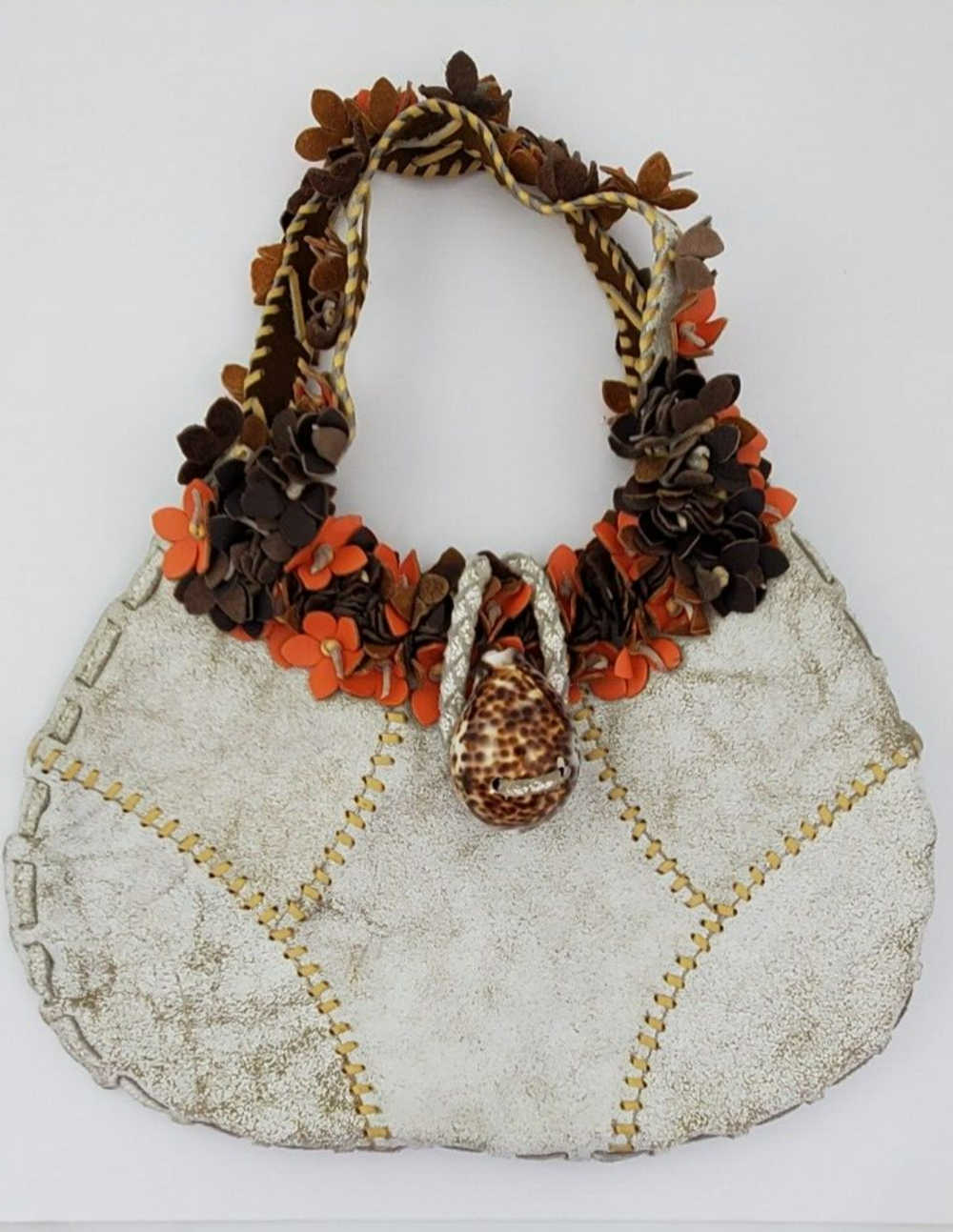 Unbranded Floral Applique Handle Seashell Toggle Distressed Leather Hobo Bag